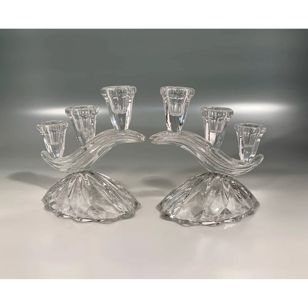 Set of 2 Anna Hutte Bleikristall 3-Light Candlesticks Cascading Glass Waves